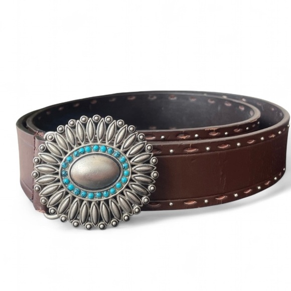 Western Turquoise Buckle Genuine Leather Belt Size XL ***FREE WITH PURCHASE - Picture 1 of 8
